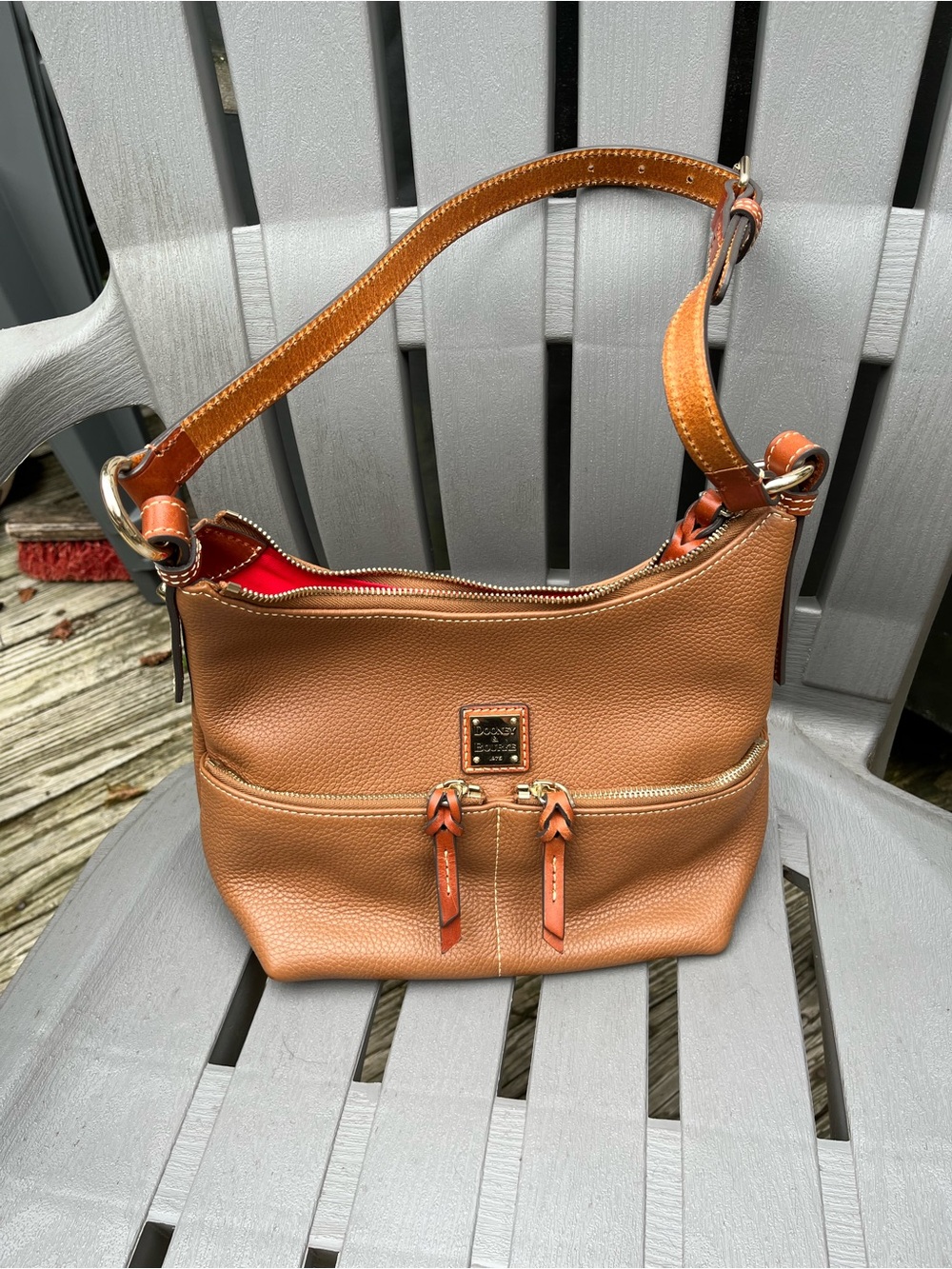 Dooney & Bourke Pebbled Leather Shoulder Bag in Caramel with Red Lining